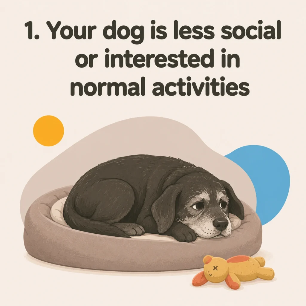 How to tell if your dog is in pain: a senior dog resting alone beside an ignored toy and showing less interest in normal activitiesHow to Tell If Your Dog Is in Pain - Less Social