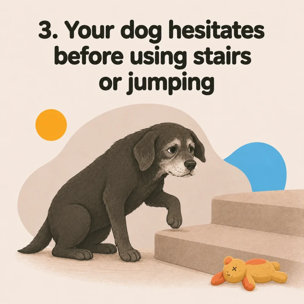 How to tell if your dog is in pain: a senior dog hesitating with one paw raised before climbing a low set of stairs