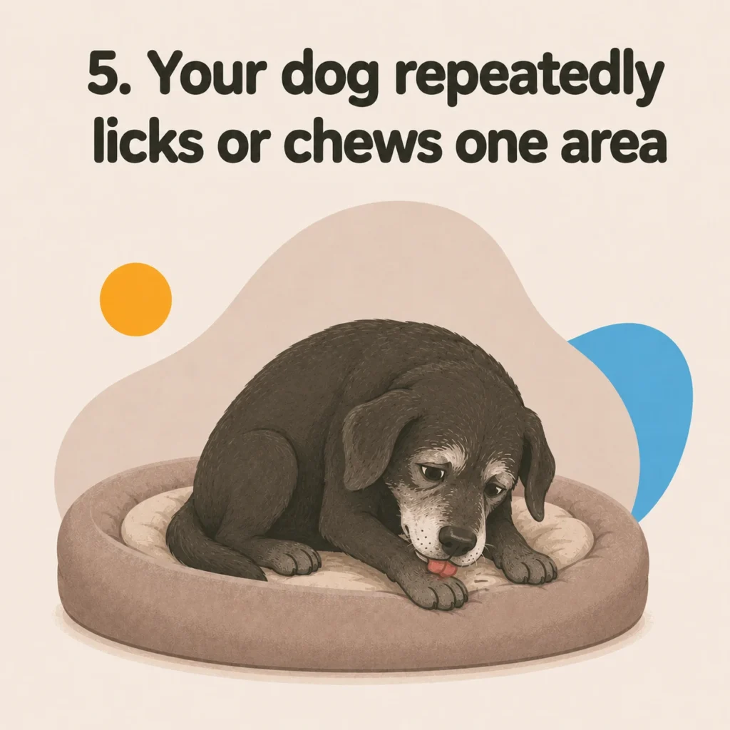 How to tell if your dog is in pain: a senior dog repeatedly licking one front paw while resting on its bed