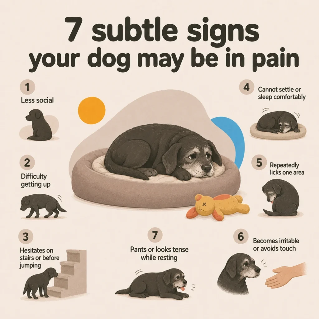 How to tell if your dog is in pain: an illustrated overview of 7 changes in social behavior, movement, sleep, licking, touch sensitivity, and panting
