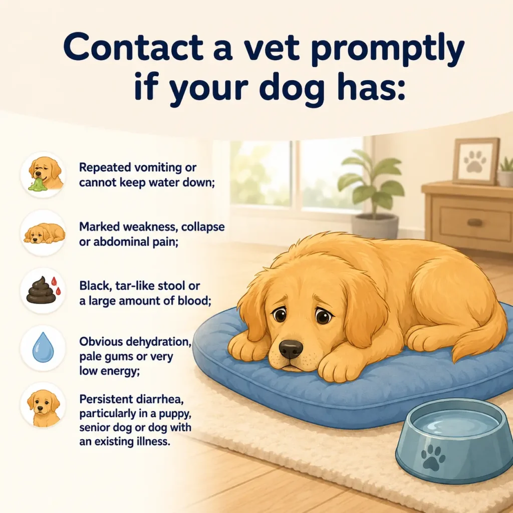 Dog probiotics diarrhea warning signs in a sick golden dog that needs prompt veterinary care