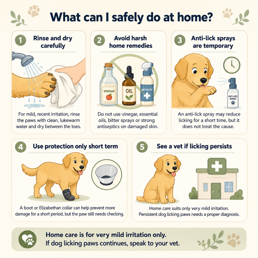 Five safe home-care steps for dog licking paws, including rinsing, drying and seeking veterinary care
