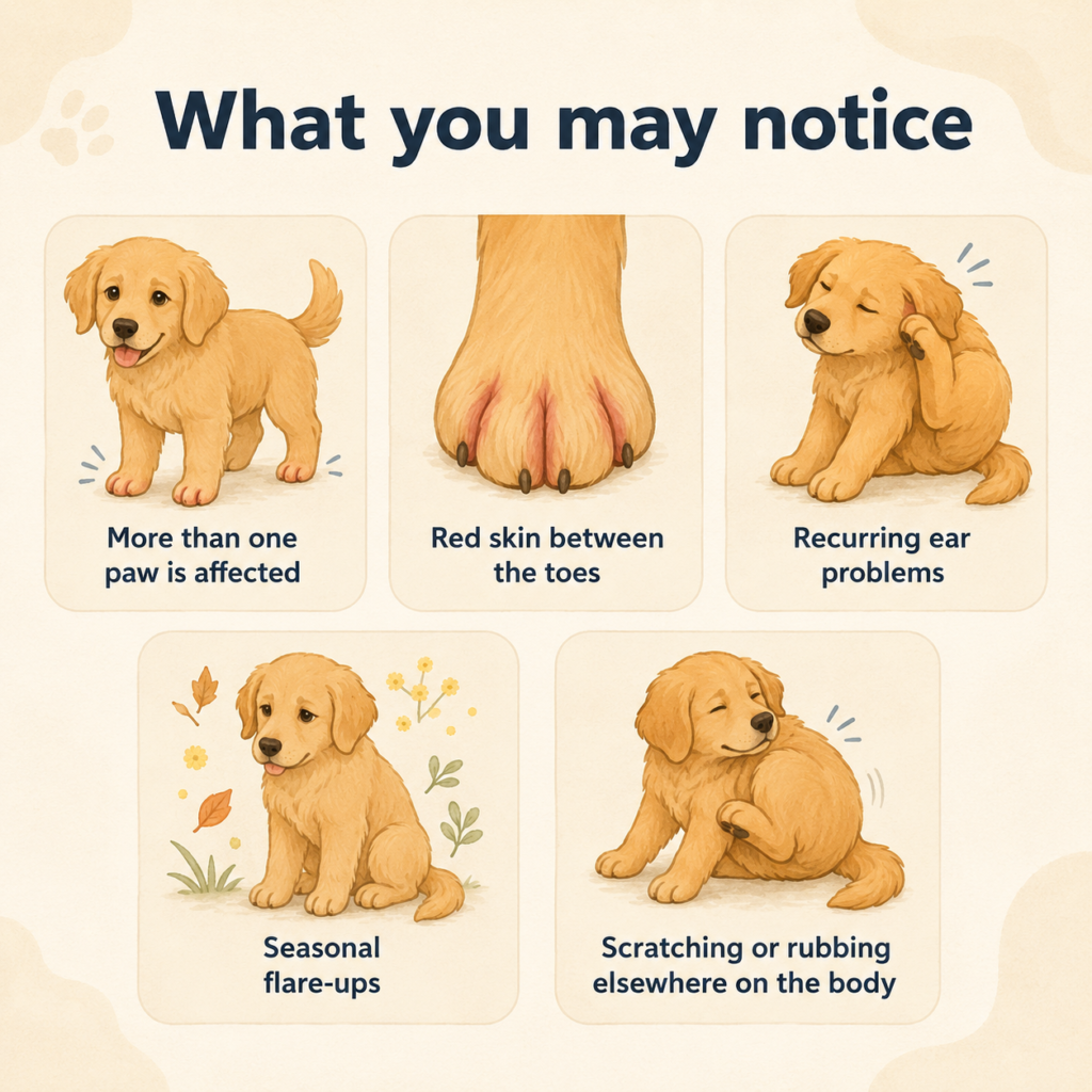 Five illustrated signs linked to dog licking paws, including red skin, ear problems and scratching