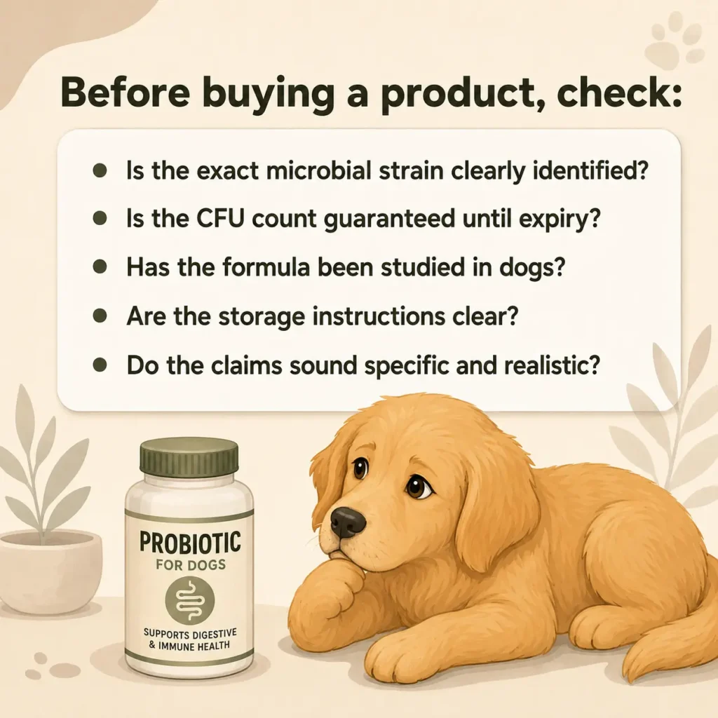 Checklist showing what pet owners should check before buying a dog probiotic