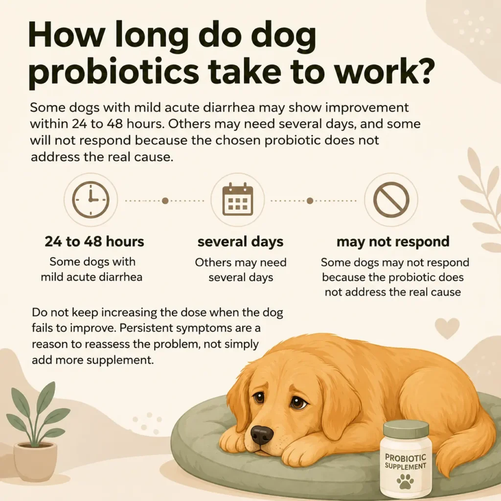 Timeline showing that dog probiotics may work within 24 to 48 hours, several days or not at all