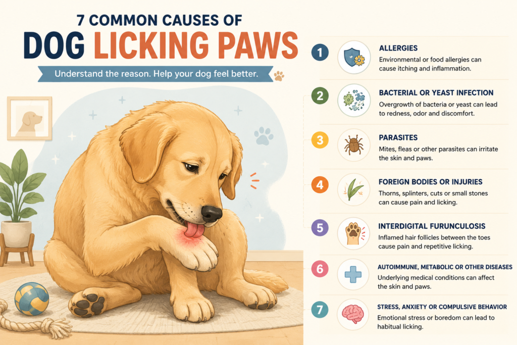 Golden dog licking its paw beside a list of seven common causes of dog licking paws