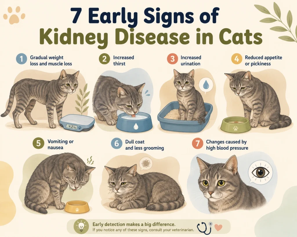 7 early Signs of Kidney Disease in Cats, including weight loss, increased thirst, urination and appetite changes