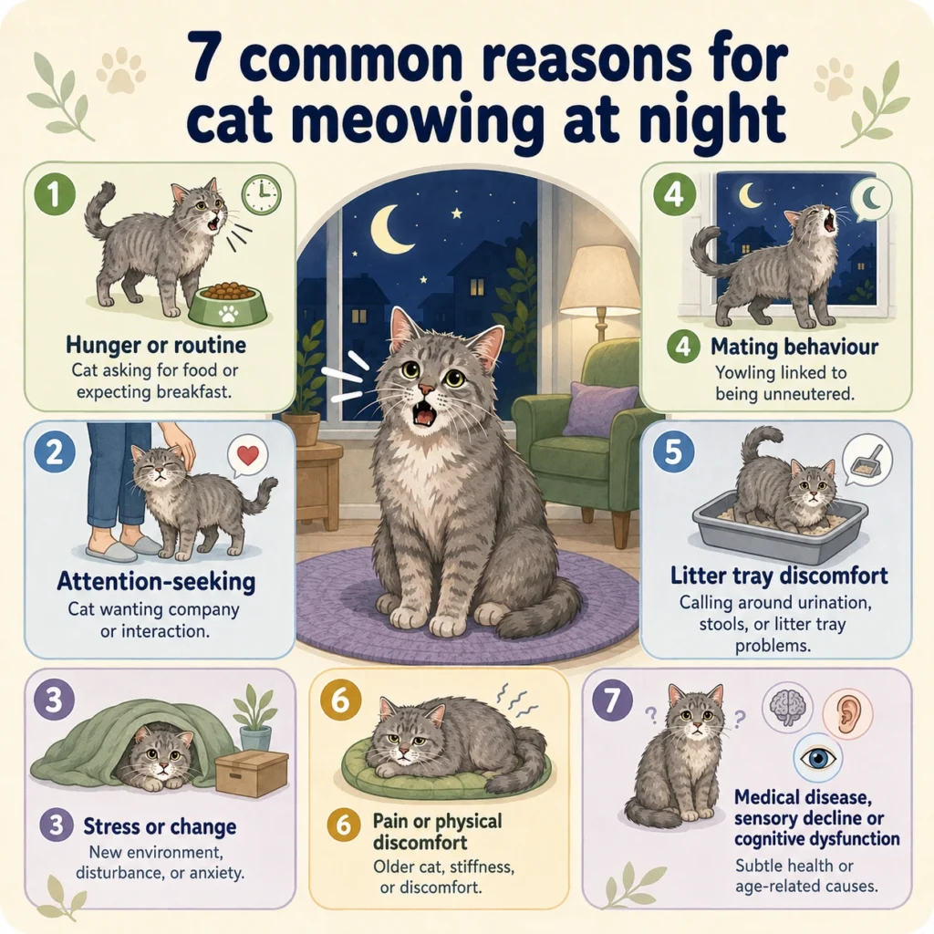 Grey senior cat beside seven illustrated reasons for cat meowing at night