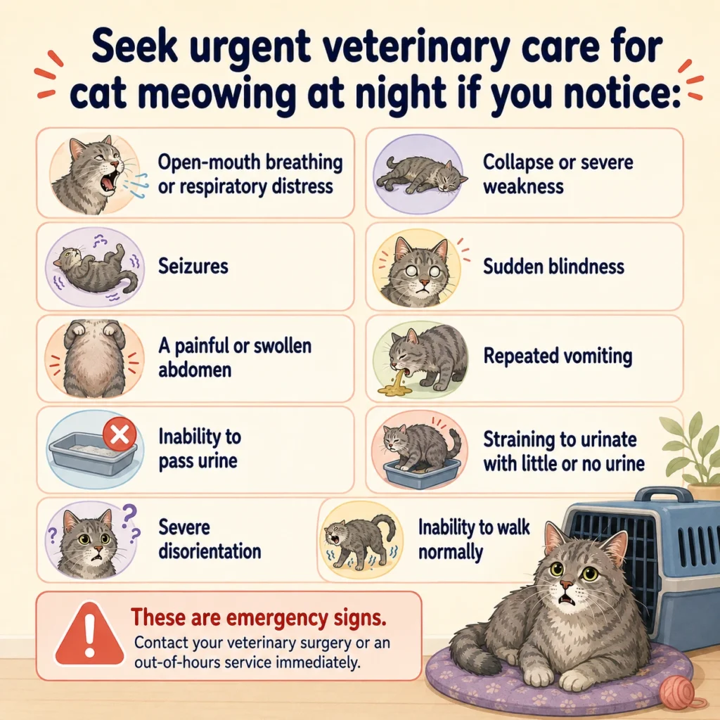 Grey cat showing urgent warning signs that require veterinary care, including breathing difficulty, collapse and inability to urinate