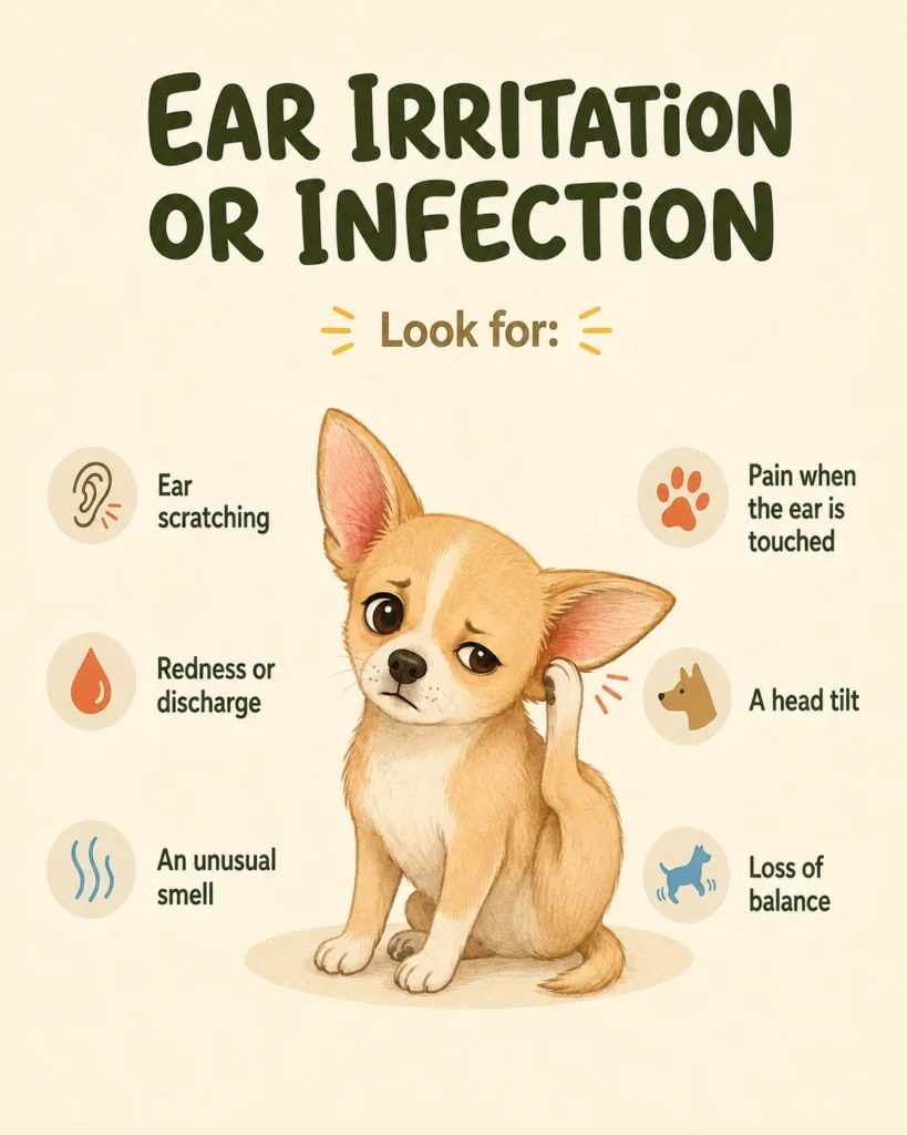 Chihuahua scratching its ear beside signs of ear irritation, including redness, discharge, head tilt and loss of balance