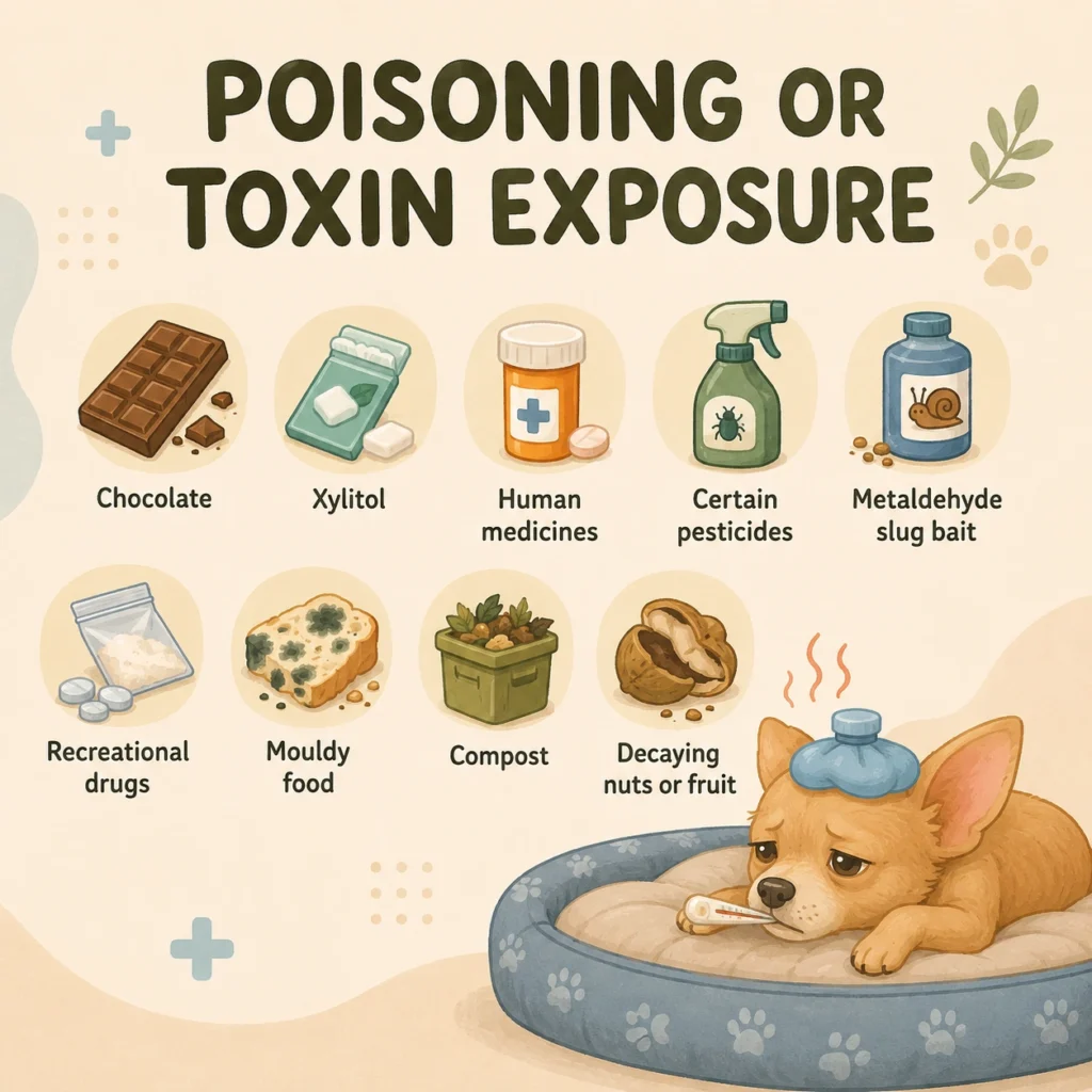 Common dog poisoning hazards including chocolate, xylitol, medicines, pesticides, mouldy food and compost