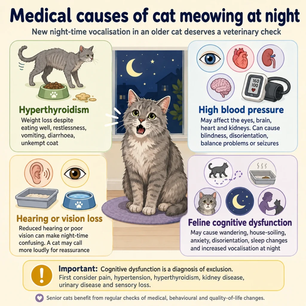 Senior grey cat beside medical causes of cat meowing at night, including hyperthyroidism, hypertension and cognitive dysfunction
