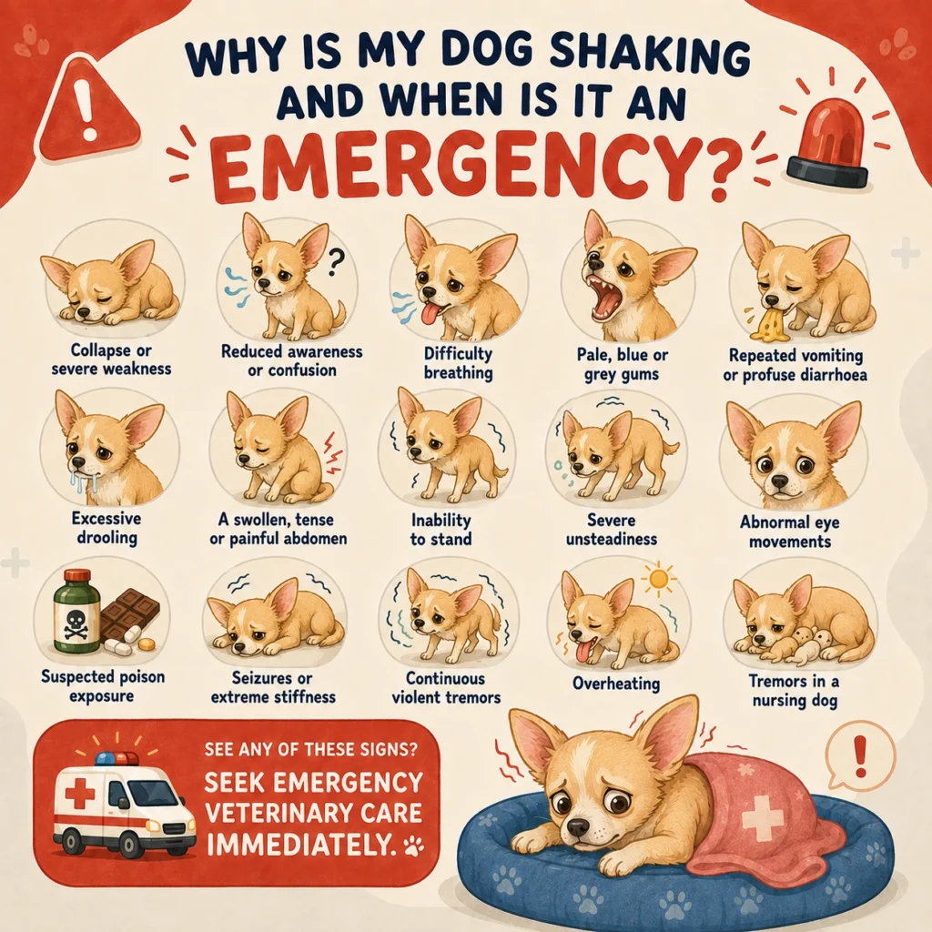 Chihuahua showing emergency warning signs linked to dog shaking, including collapse, breathing difficulty and seizures
