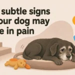 How to tell if your dog is in pain: a senior dog resting uncomfortably beside an ignored toy and a low staircase