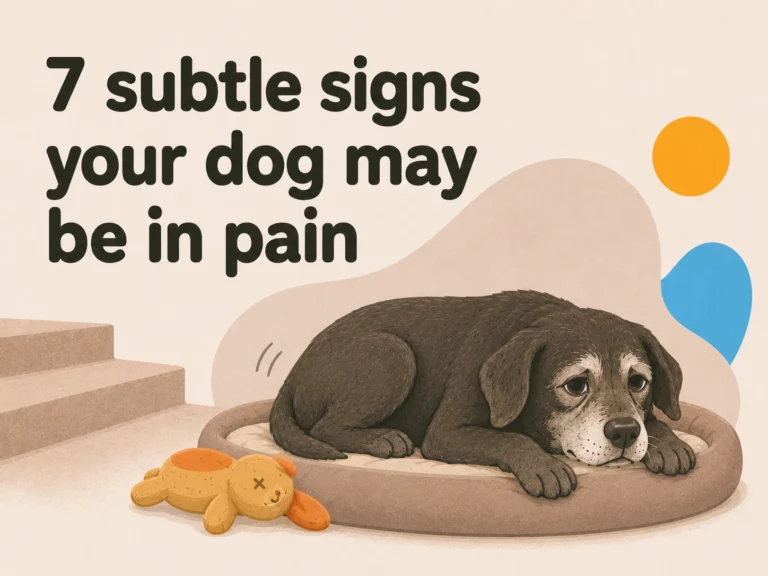 How to tell if your dog is in pain: a senior dog resting uncomfortably beside an ignored toy and a low staircase