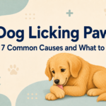 Golden dog licking its front paw in an illustration for a guide about dog licking paws