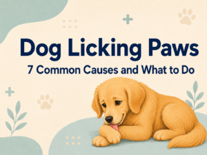 Golden dog licking its front paw in an illustration for a guide about dog licking paws