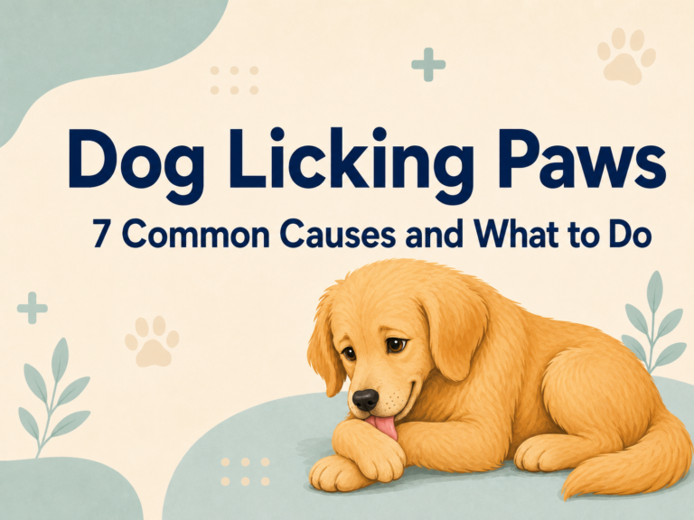 Golden dog licking its front paw in an illustration for a guide about dog licking paws