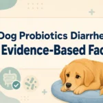 Golden dog resting beside digestive health icons for a guide about dog probiotics and diarrhea