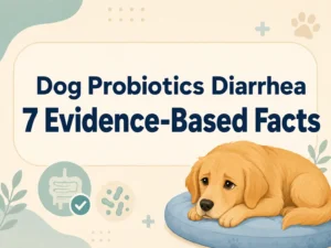 Golden dog resting beside digestive health icons for a guide about dog probiotics and diarrhea