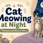 Grey tabby cat meowing at night beside the title of a guide explaining seven possible causes