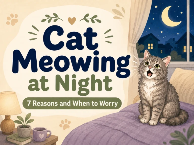 Grey tabby cat meowing at night beside the title of a guide explaining seven possible causes